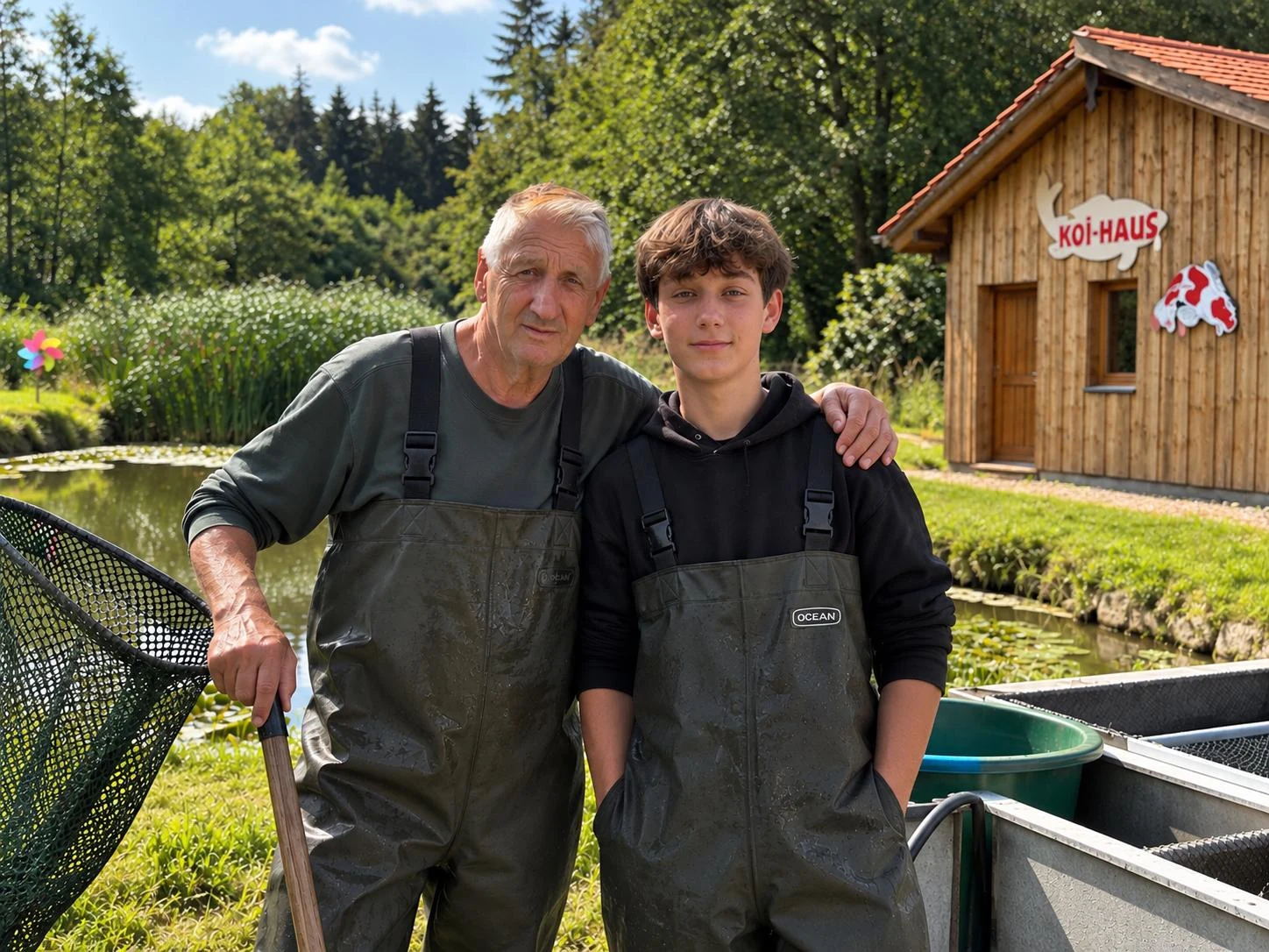 Günther Schneller und sein Enkel Semih gemeinsam an den Naturweihern der Koifarm Krumbach