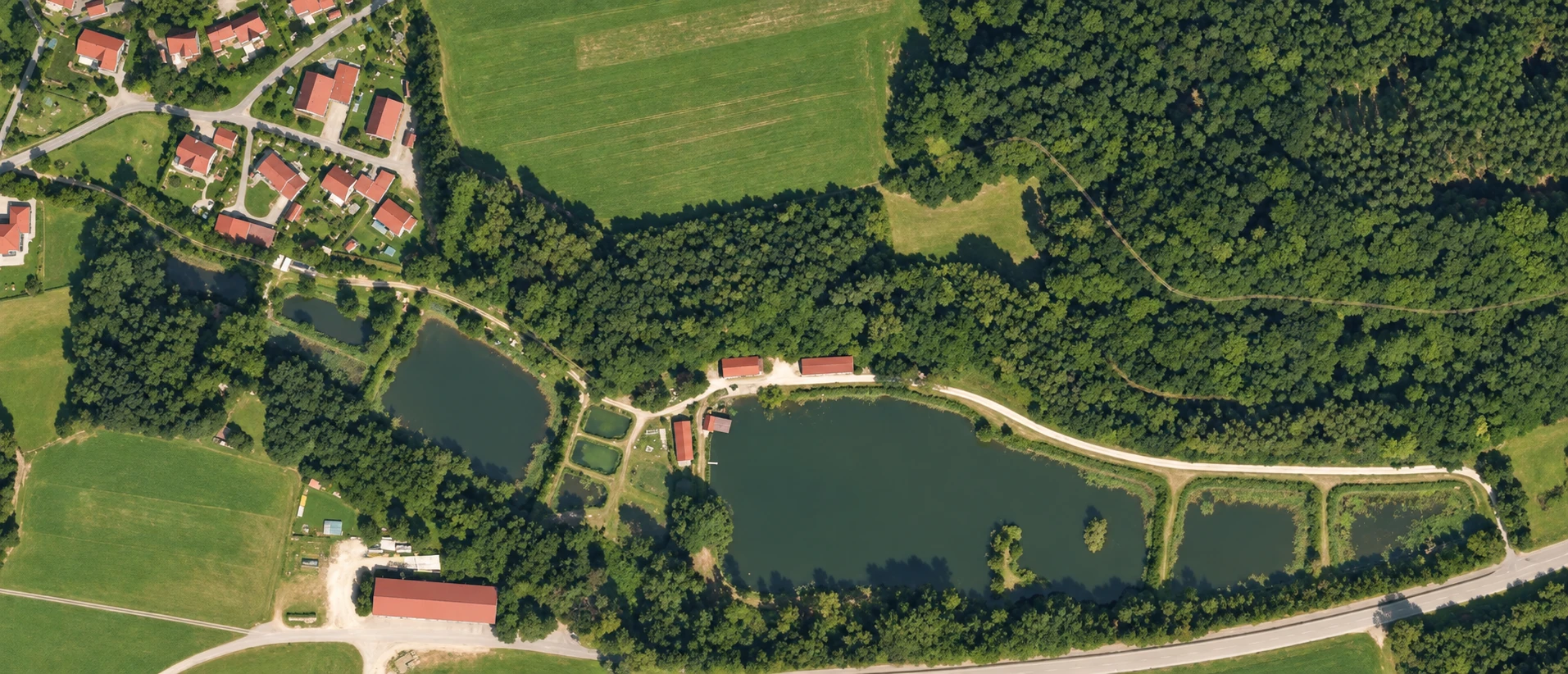 Luftaufnahme der Naturteiche und der grünen Außenanlage